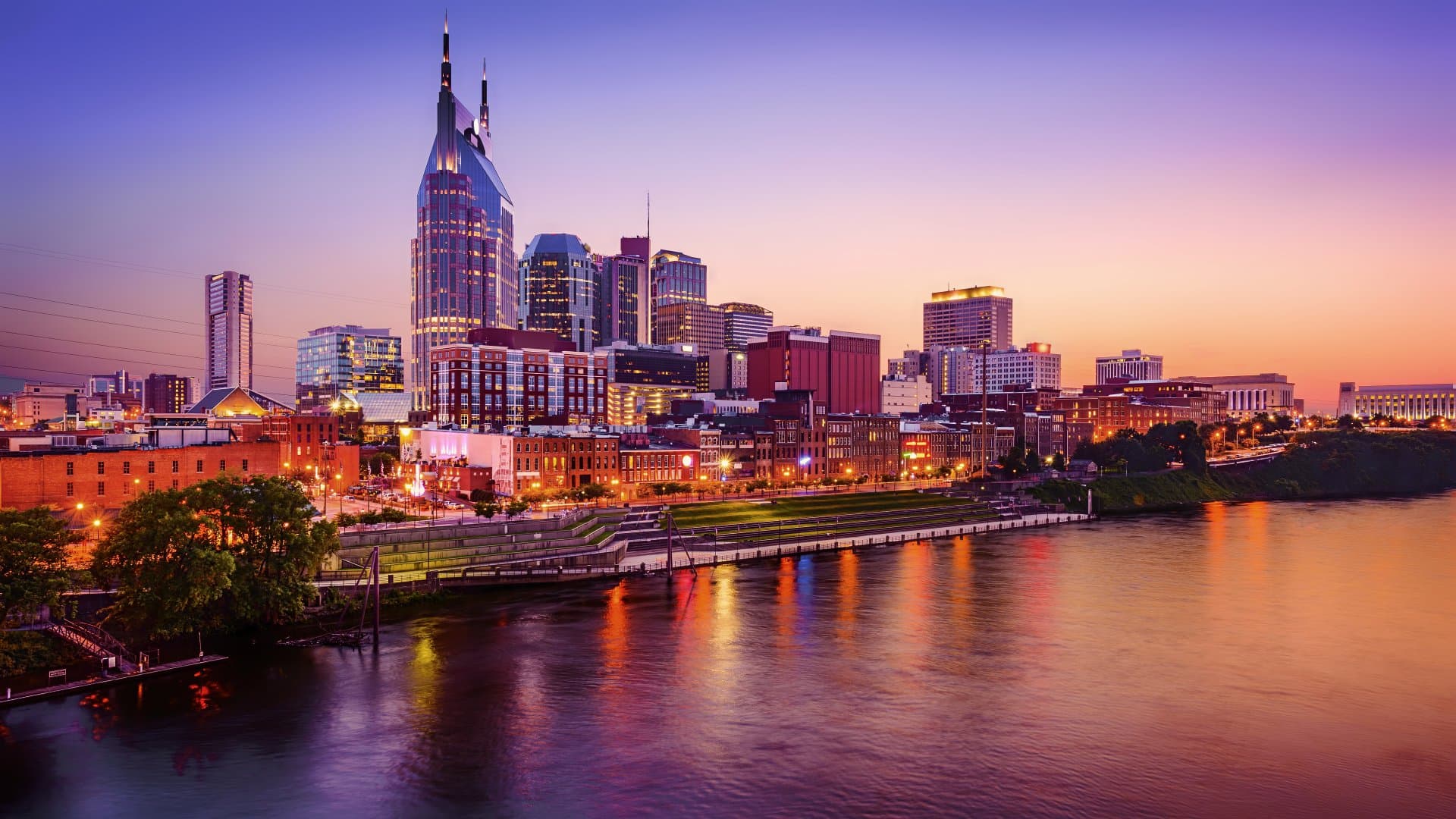 Nashville skyline glowing at sunset
